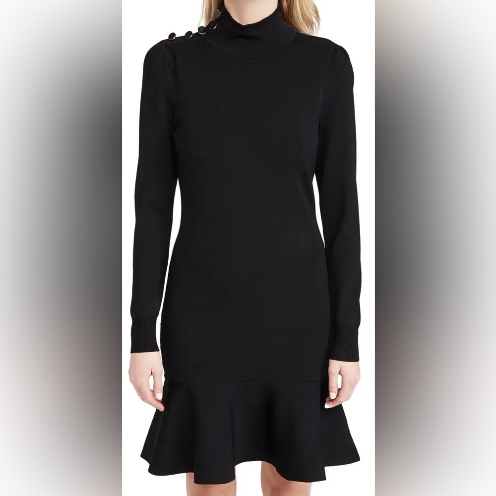 Veronica Beard Black Knit Flounce Sweater Dress | Button Shoulder | Size M